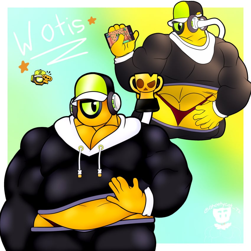 1_eye ass big_ass big_muscles brawl_stars cap cocokun! fat fat_ass fat_belly gamer gay green_eyes headphones hoodie looking_at_viewer looking_back multicolored_background obese one_eye otis_(brawl_stars) partially_clothed phone star star_(symbol) sweater underwear yellow_body