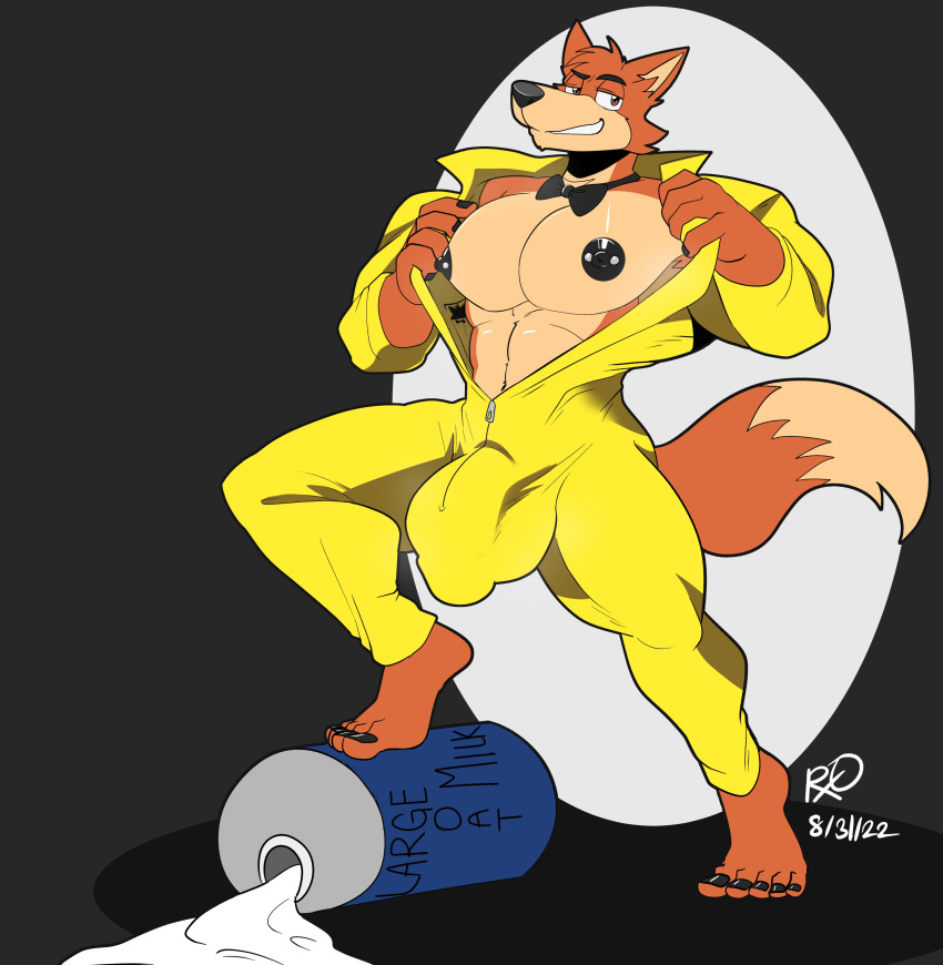 2023 absurd_res anthro balls_outline barefoot black_nipples bow_tie bulge canid canine clothed clothing coveralls detailed_bulge feet fox genital_outline hi_res humongous_entertainment jumpsuit looking_at_viewer male male_focus male_only mammal muscular muscular_anthro muscular_male nipple_piercing nipples open_clothing open_shirt open_topwear pecs penis_outline piercing plantigrade rxq shirt solo spy_fox spy_fox_(series) topwear