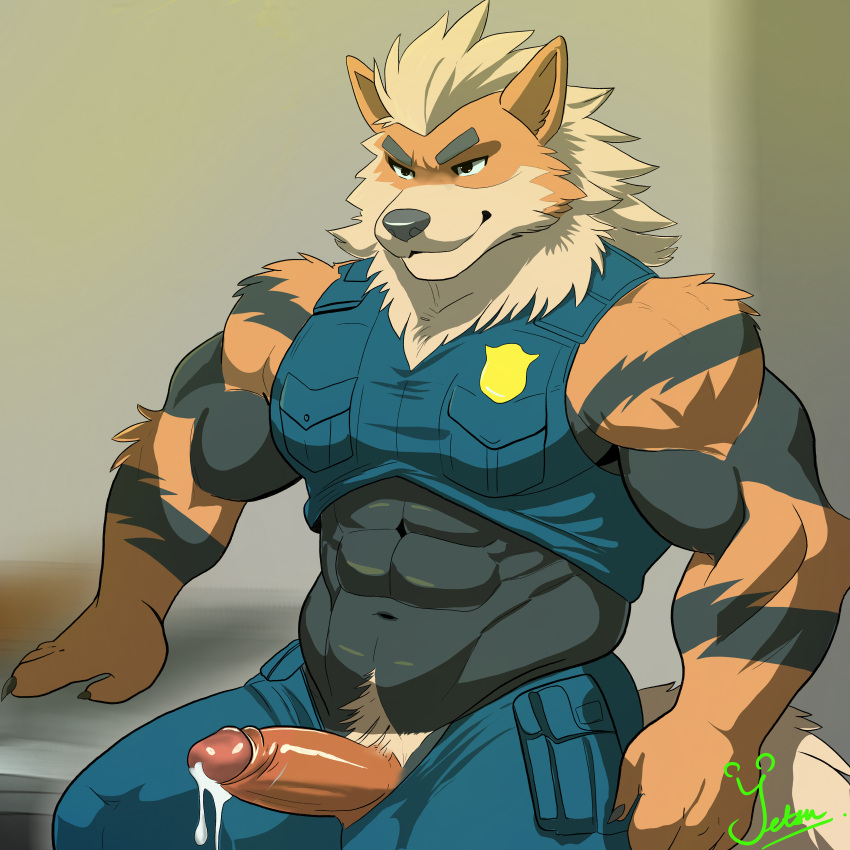 abs absurd_res animal_genitalia animal_humanoid animal_penis anthro arcanine athletic big_penis bodily_fluids bulge canid canid_humanoid canine canine_genitalia canine_humanoid canine_penis claws clothing cum dog_humanoid erection fingers fur furniture generation_1_pokemon genital_fluids genitals gesture glans hi_res humanoid leaking leaking_cum leaking_precum leaning lgbt_pride male male/male mammal mammal_humanoid mane muscle_tone muscular narrowed_eyes nintendo nude nude_anthro pecs penis pent_up pinup pokemon pokemon_(species) police police_badge police_dog police_officer police_uniform pose precum pubes pubes_exposed sitting smile smirk snout solo solo_focus table tail tail_tuft tuft uniform vein veiny_penis yetsu