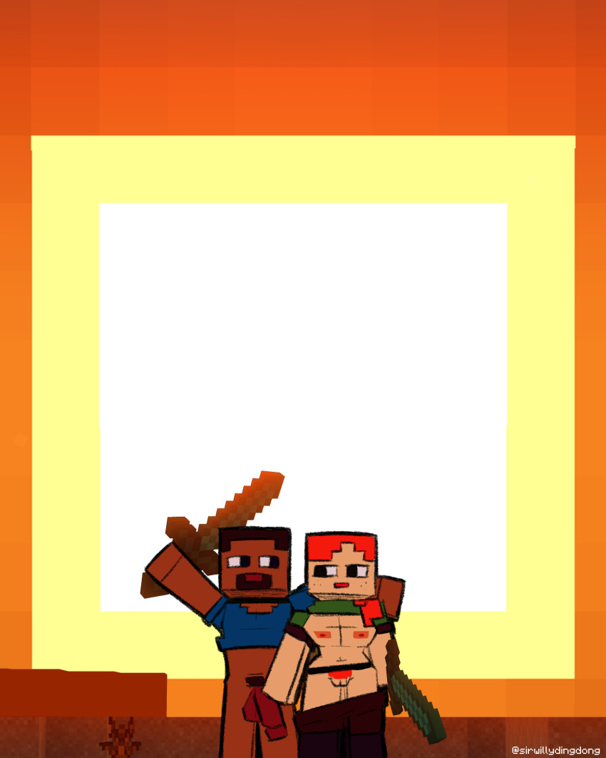 1boy 1girls alex_(minecraft) cubic_breasts dune edit female male minecraft mojang reference sirwillydingdong steve_(minecraft) sun sunset