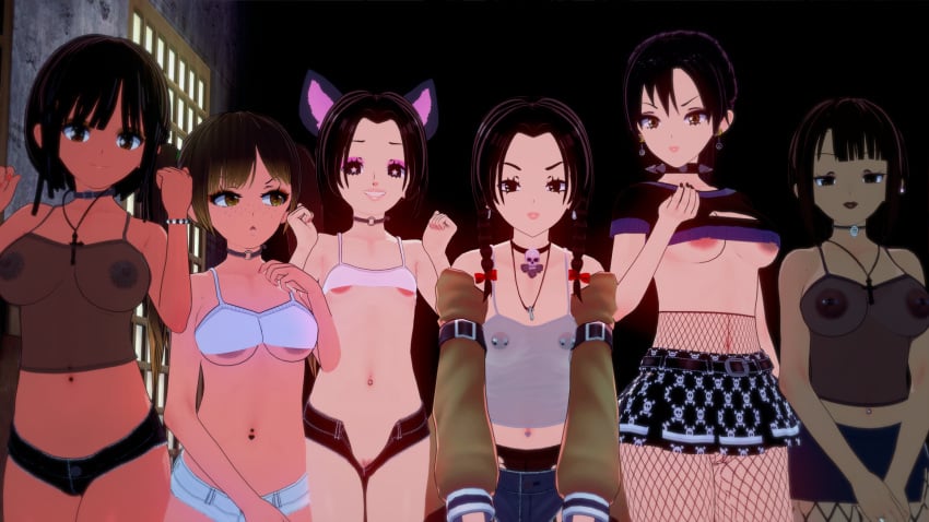 3d 3d_(artwork) camisole crop_top dark-skinned_female girls goldieecchi group group_photo group_picture jacket koikatsu light-skinned_female nipple_piercing original original_character original_characters slut slutty_outfit tank_top teenage_girl teenager