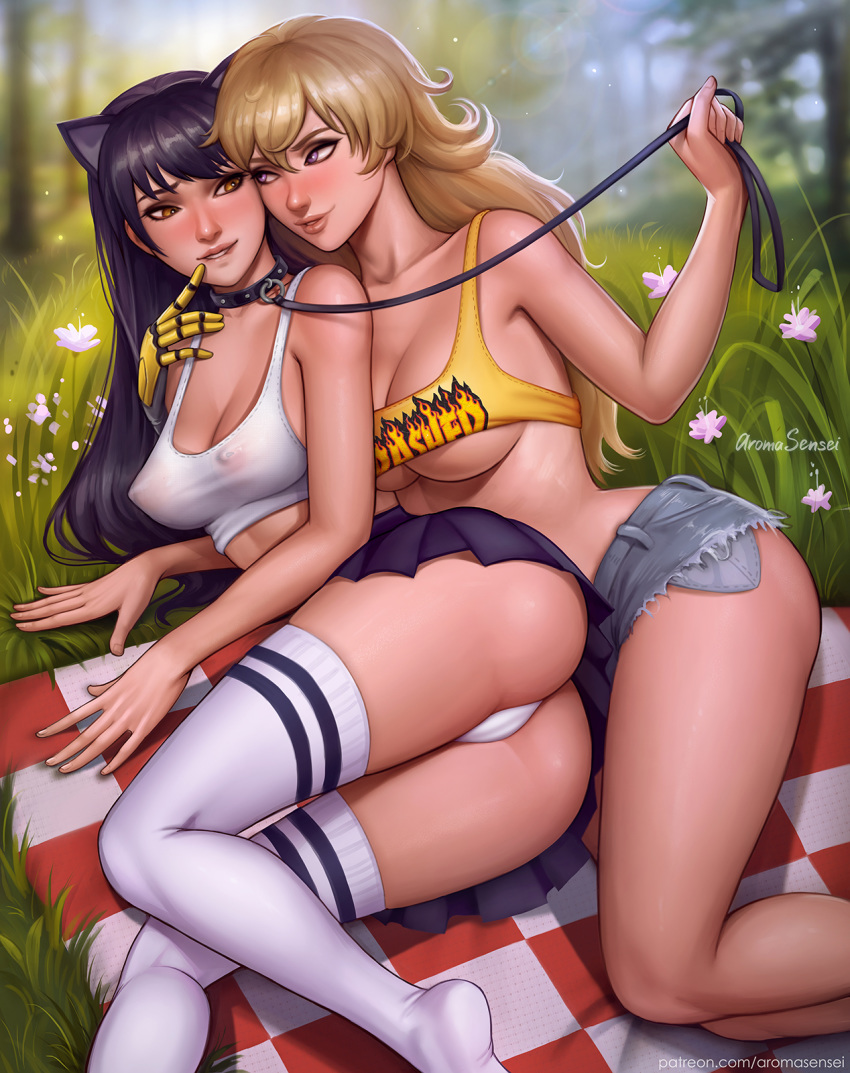 2girls animal_ears areolae aroma_sensei artist_name ass black_hair blake_belladonna blonde_hair blush breasts canon_couple cleavage clothing collar curvy cutoffs dat_ass dominant_female duo erect_nipples female female_only femdom femsub grass hair happy_sub large_ass large_breasts leash lezdom medium_breasts multiple_girls nipple_bulge nipples nipples_visible_through_clothing no_bra outdoors panties patreon_username perky_breasts picnic_blanket pokies prosthetic_arm prosthetic_limb purple_eyes rwby see-through see-through_clothing see-through_top shirt shorts skirt spooning submissive_female thigh_socks thighhighs underboob yang_xiao_long yuri