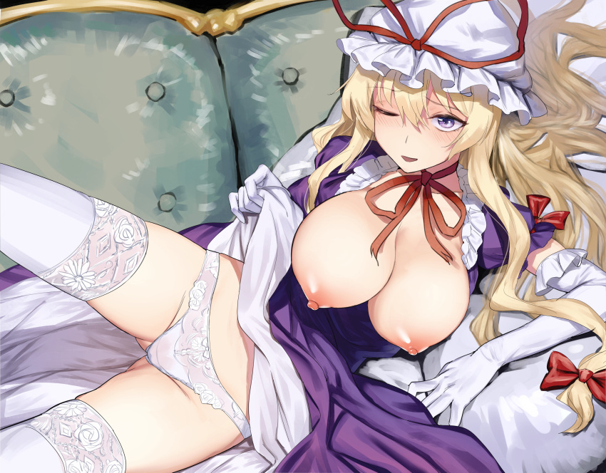 1girls blonde_hair bow breasts couch dress elbow_gloves female gloves gluteal_fold gunnjou_yosio hair_bow hat hat_ribbon highres large_breasts long_hair looking_at_viewer lying mature_female milf mob_cap neck_ribbon nipples on_side one_eye_closed panties presenting_panties puffy_short_sleeves puffy_sleeves purple_dress purple_eyes red_bow red_ribbon ribbon short_sleeves smile solo tagme thighhighs touhou underwear white_gloves white_headwear white_panties white_thighhighs yakumo_yukari yukari_yakumo