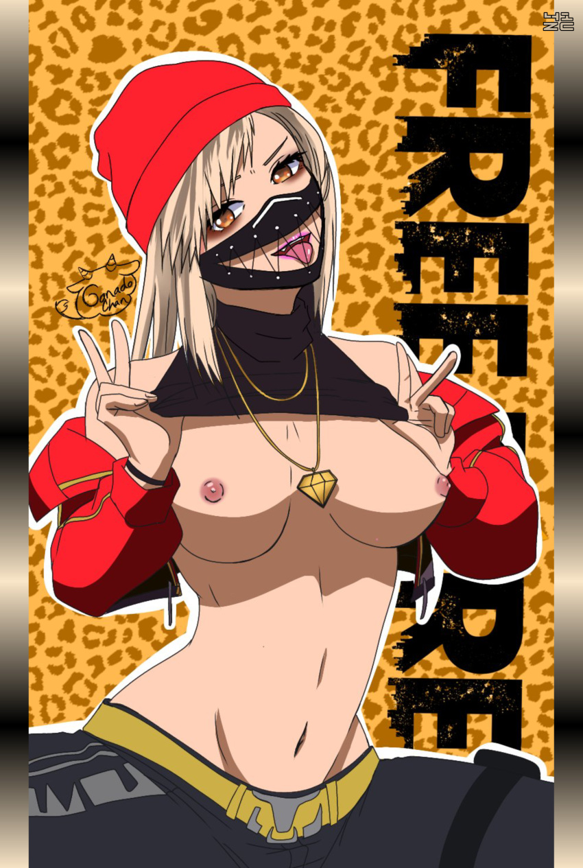 1girls 2024 artist_name big_breasts blonde_hair clothing comic female free_fire ganado_chan garena looking_at_viewer magazine mask masked mouth_mask nipples page_41 page_number pink_nipples solo solo_female zzero_club