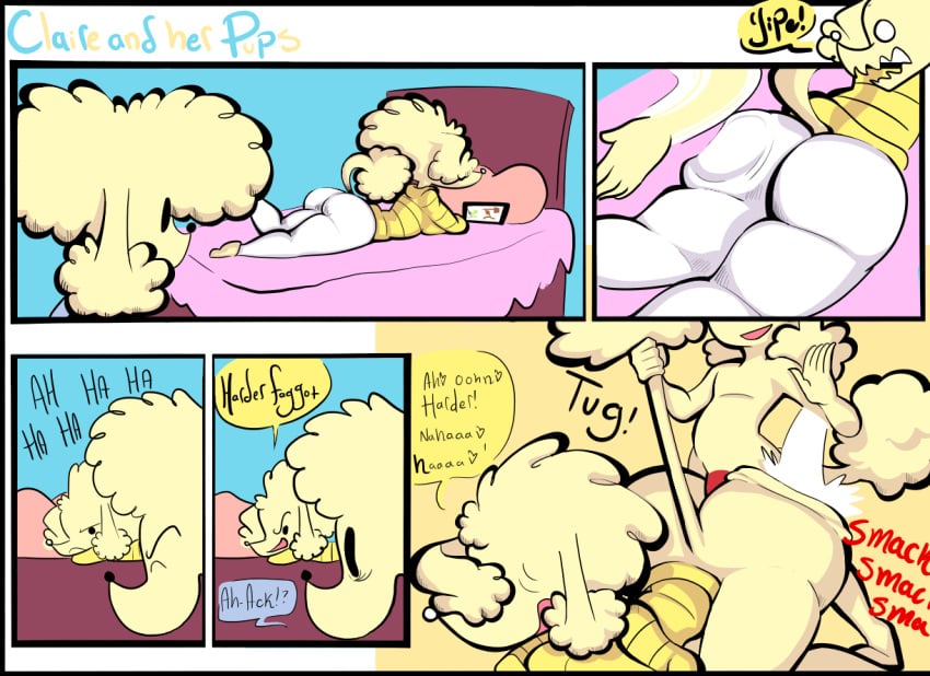 anthro anthro_only ass bed bedroom big_butt bootlegjones bottomwear brother_(lore) brother_and_sister_(lore) butt_slap caleb_(bootlegjones) canid canine canis caroline_(bootlegjones) clothing comic domestic_dog duo female furniture hair homophobic_slur incest_(lore) male male/female mammal pants poodle sibling_(lore) sister_(lore) slap slur tablet yellow_body yoga_pants