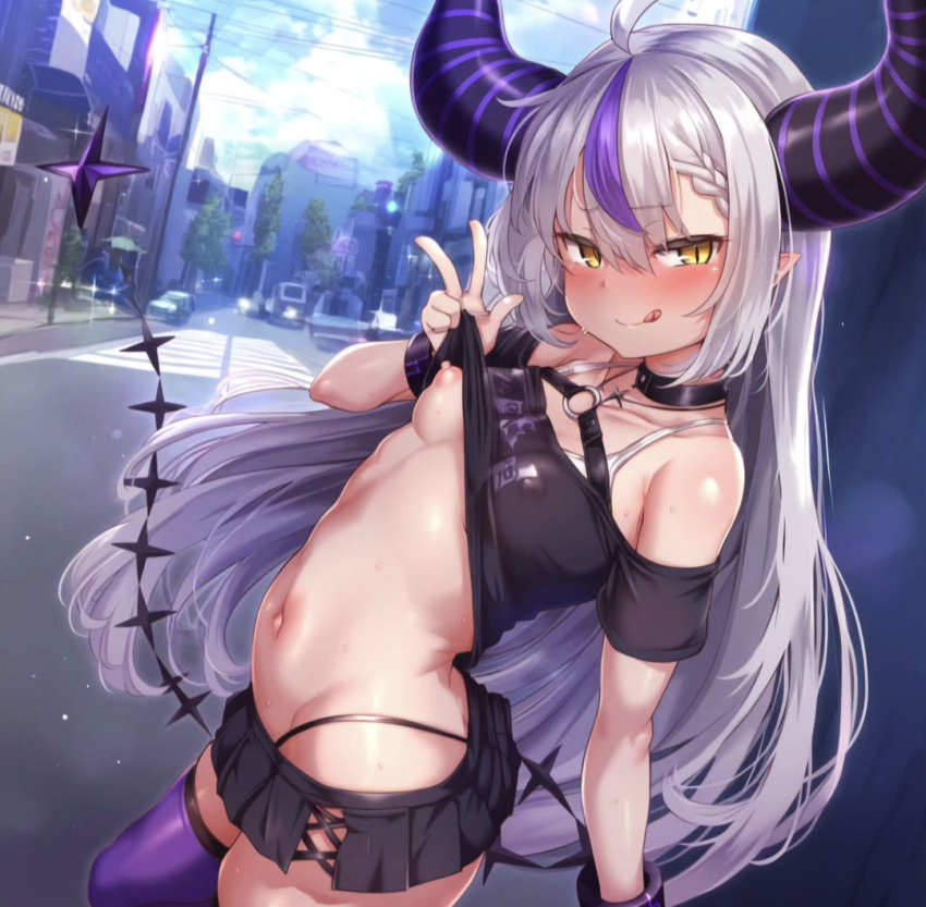 ai_generated black_thong blush hololive holox horn la+_darknesss long_hair looking_at_viewer maverick midriff nipple_slip petite petite_body petite_female public short_skirt tail thong virtual_youtuber white_hair