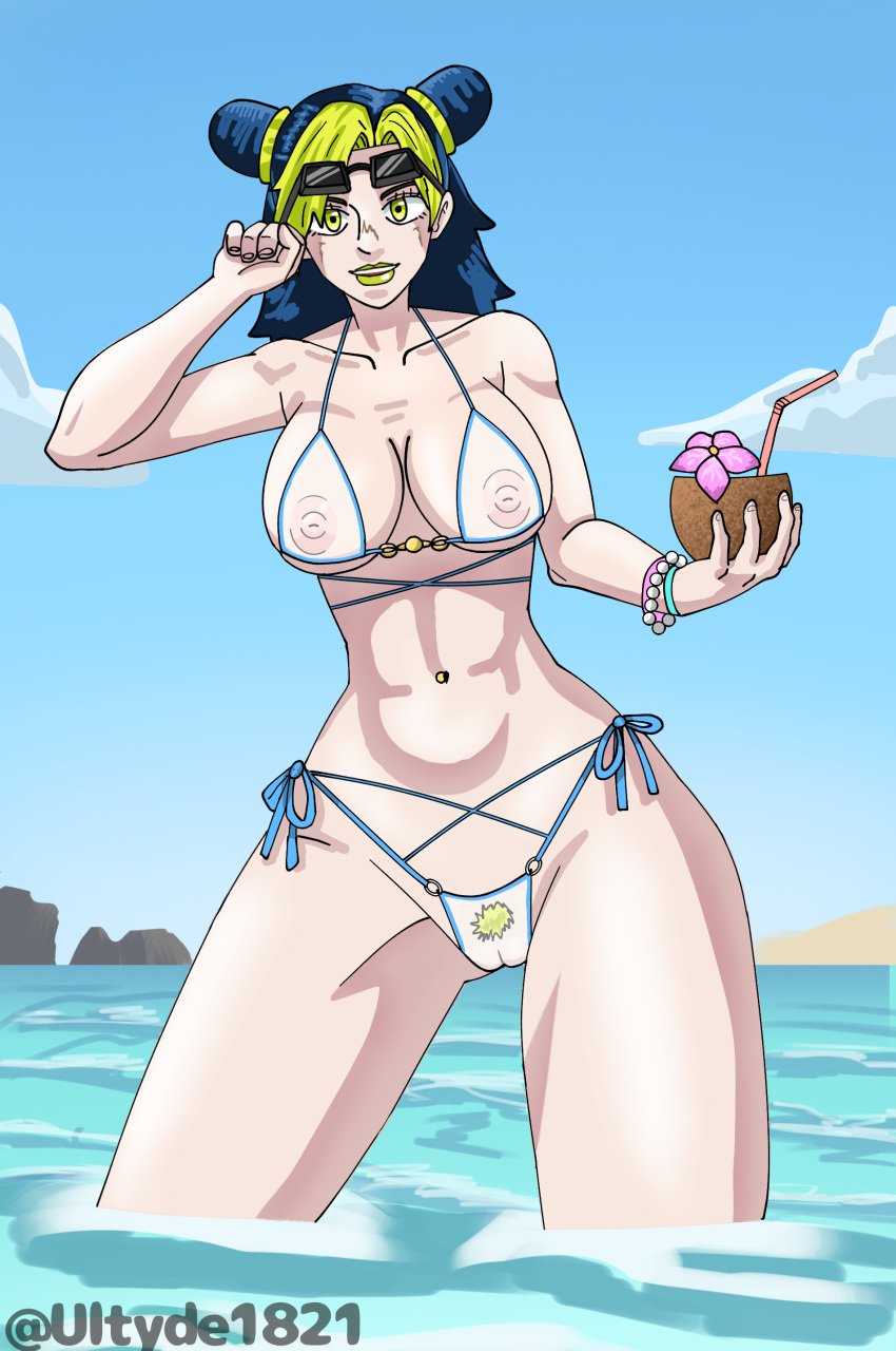 beach big_ass big_breasts big_butt bikini black_hair breasts coconut exhibitionism green_eyes green_hair green_pubic_hair hairy_pussy jojo's_bizarre_adventure jolyne_kujo nipples nipples_visible_through_clothing pink_nipples pussy solo stone_ocean sunglasses sunglasses_on_head tied_hair transparent_clothing ultyde