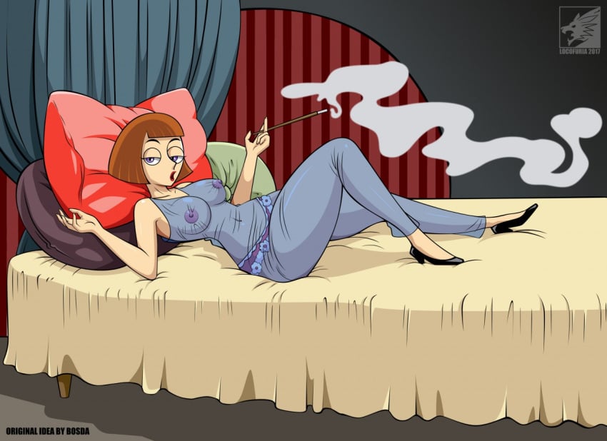 2017 bed bedroom big_breasts brown_hair cigarette cigarette_holder commission danny_phantom digital_media_(artwork) exposed_breasts heels lace light-skinned_female light_skin locofuria madeline_fenton nickelodeon panties pinup purple_eyes smoking transparent_clothing