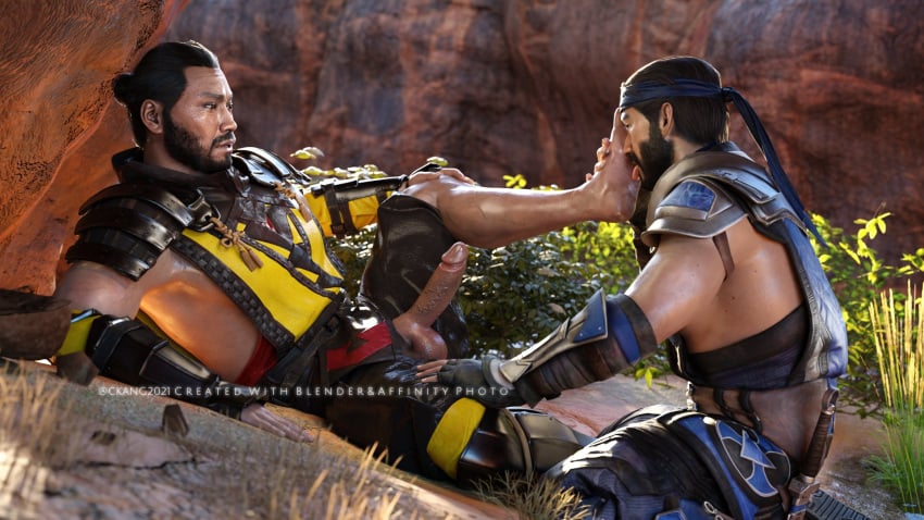 2boys 2humans 2males 3d 3d_(artwork) 3d_model beard black_hair ckang2021 erect_penis erection gay hanzo_hasashi kuai_liang licking_foot male/male male_focus male_only mortal_kombat mortal_kombat_11 netherrealm_studios ninja partially_clothed scorpion_(mortal_kombat) sub-zero tan-skinned_male tan_body tan_skin