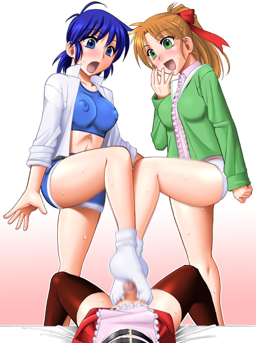 1boy 2girls blue_eyes blue_hair blue_shorts blue_sports_bra blush breasts brown_thighhighs censored covered_nipples crossdressing dress female female_on_femboy femboy femboy_on_female femdom footjob footjob_over_clothes green_eyes green_jacket hand_on_own_face high_ponytail highres jacket long_hair long_sleeves male male_pov mana_(super_real_mahjong) medium_breasts minase_itsuki_(vs_janshi_brand-new_stars) mokkouyou_bond mosaic_censoring motion_blur multiple_girls navel nipples on_bed open_mouth orange_hair otoko_no_ko panties penis ponytail pov shiny_skin shirt short_hair shorts simple_background skirt smile socks sports_bra super_real_mahjong sweat thighhighs underwear vs_janshi_brand-new_stars white_panties white_shirt white_socks yuu_(super_real_mahjong)