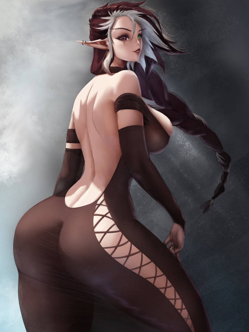 1girls absurd_res arm_sleeves ass bare_back black_hair braid dress elf elf_ears elf_female female female_only green_eyes heterochromia lewddan long_dress long_hair looking_at_viewer red_eyes smiling smiling_at_viewer solo thick_ass thick_thighs two_tone_hair white_hair zoelie_(sasha_khmel)