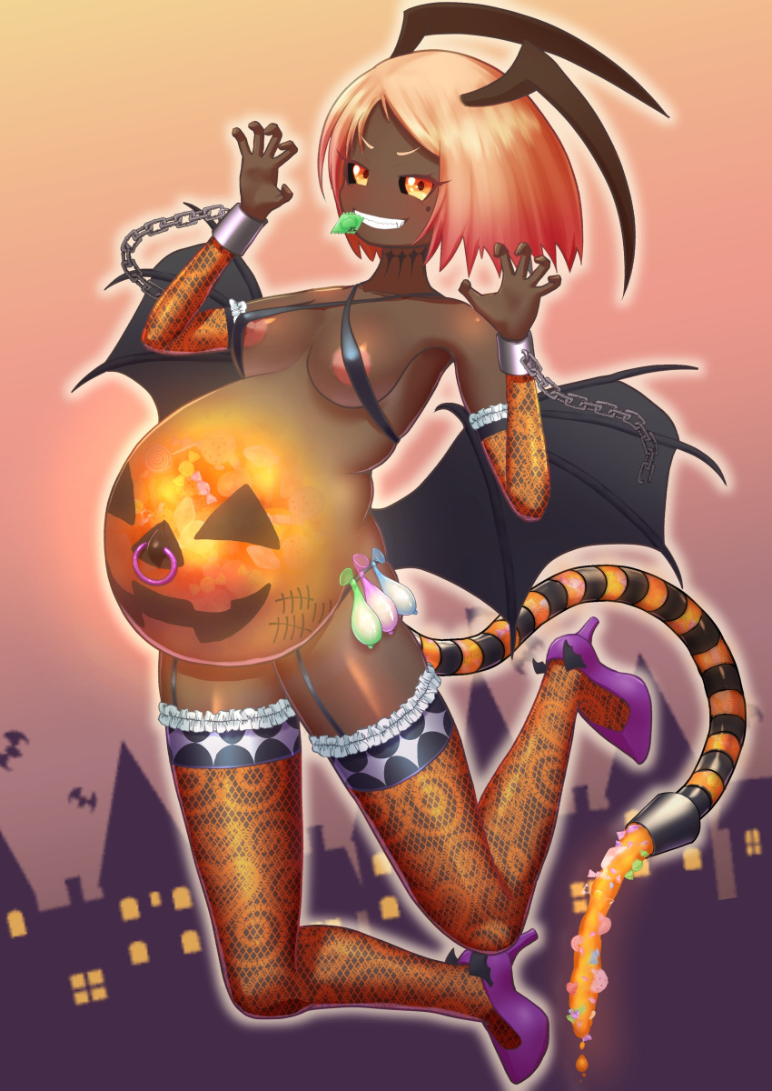 1girls belly belly_inflation big_belly breasts cauguy condom condom_belt dark-skinned_female dark_skin female halloween inflation monster_girl navel_piercing nipples outie_navel pregnancy_tally solo tail wings