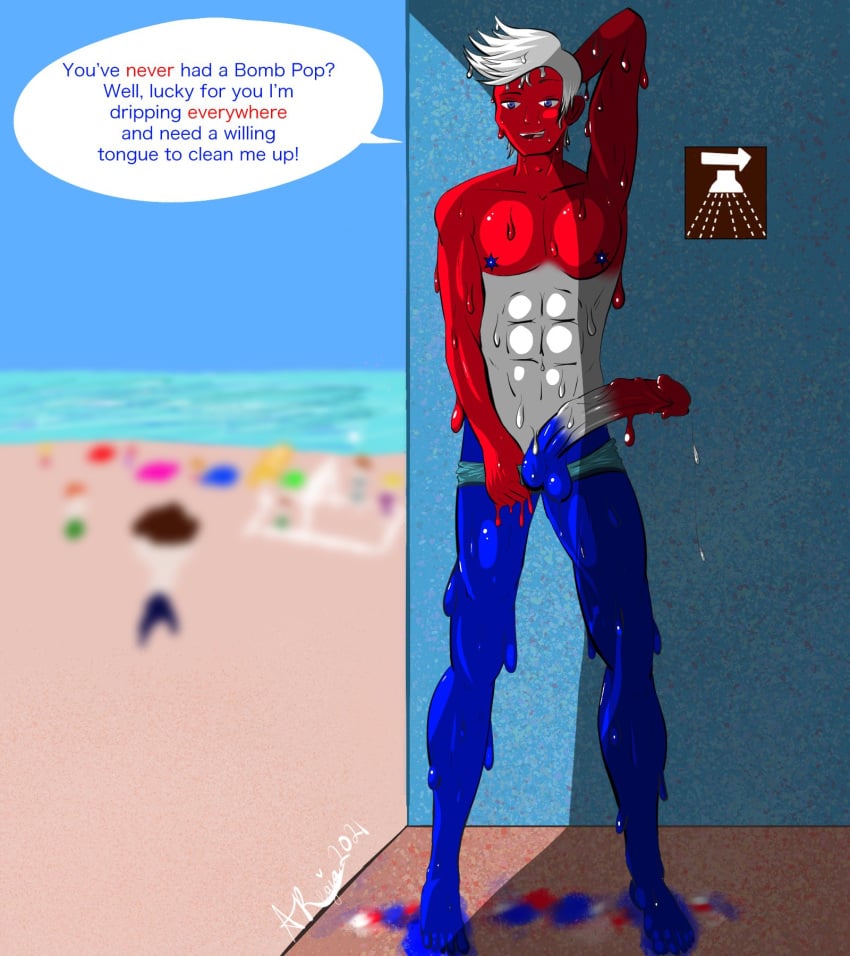 1boy 2021 aqua_regia_arts beach big_penis boxers_down boxers_only humanized multicolored_body non-human nude nude_male oc original original_character popsicle skinny solo_male sweat sweatdrop text text_bubble veiny_penis white_hair