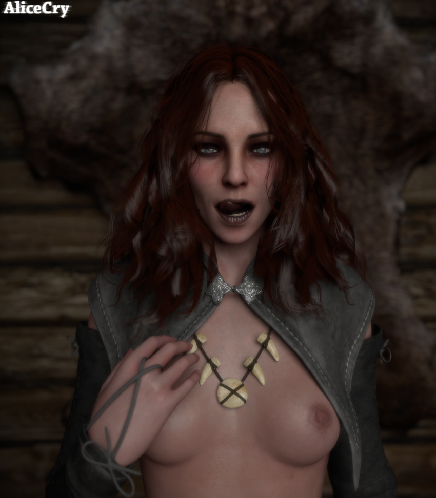 1girls 3d alicecry areolae blue_eyes breasts brown_hair cd_projekt_red female female_only licking_lips looking_at_viewer nipples solo the_witcher_(series) the_witcher_3:_wild_hunt tongue_out upper_body witch_of_lynx_crag