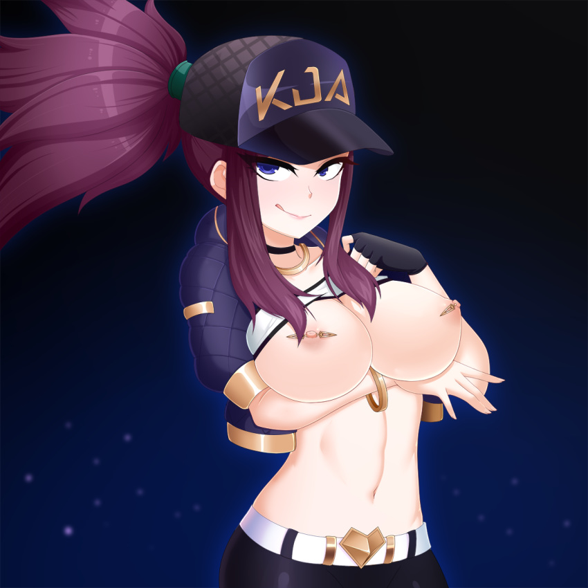 1girls akali alternate_costume areolae blue_eyes breasts cap clothing female female_only hair k/da_akali k/da_series league_of_legends nipple_piercing nipples piercing pink_hair santystuff shirt shirt_up solo video_games