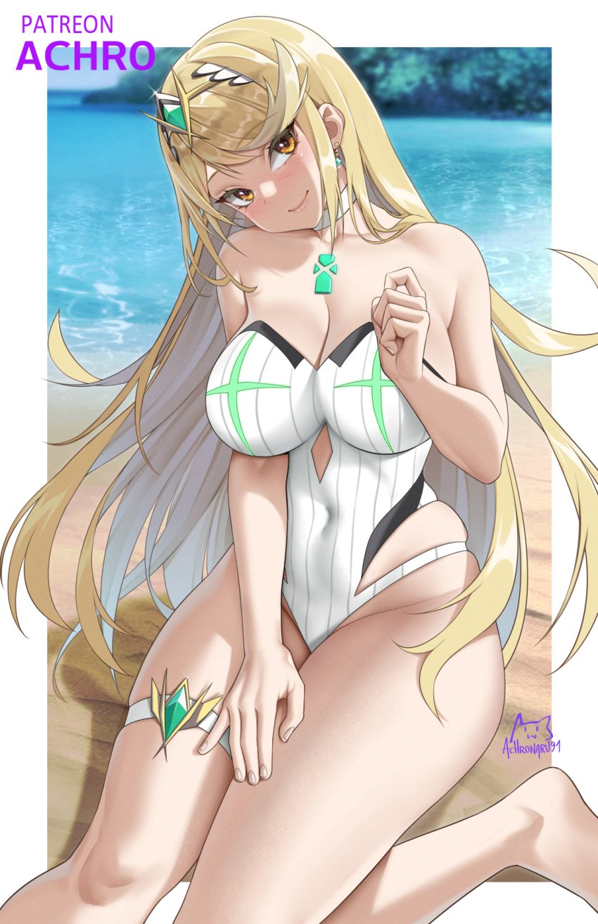 1girls achromaru blonde_hair breasts core_crystal female gold_eyes huge_breasts light-skinned_female light_skin long_hair mythra naughty_face nintendo one-piece_swimsuit smile swimsuit xenoblade_(series) xenoblade_chronicles_2