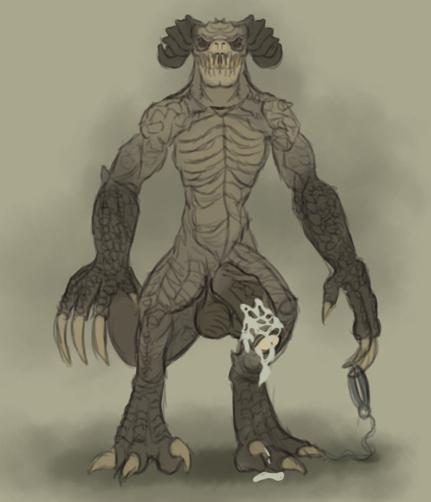 1boy 2019 absurd_res anthro balls claws collar cum deathclaw erection fallout hi_res horn humanoid_penis looking_at_viewer male male_deathclaw_(fallout) male_only mammal monster nude penis scalie simple_background solo video_games xdarkspace