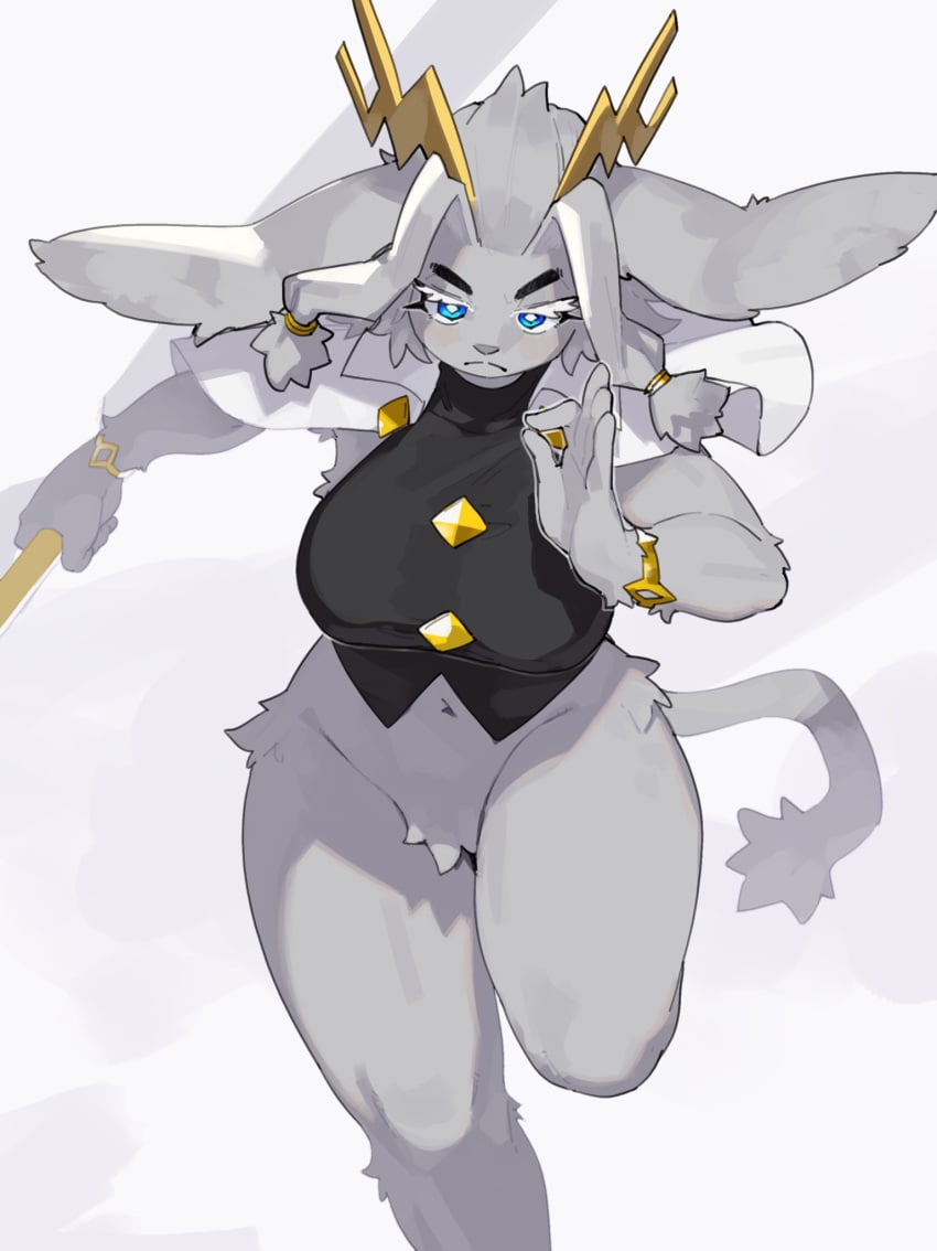 2024 5_fingers anthro armband big_breasts biped blue_eyes bottomless breasts clothed clothing crotch_tuft female fingers fur furry_thighs grey_body grey_fur hi_res holding_object kame_3 long_ears looking_at_viewer mammal navel on_one_leg partially_clothed pseudoregalia simple_background solo standing sybil_(pseudoregalia) tail topwear topwear_only tuft white_background