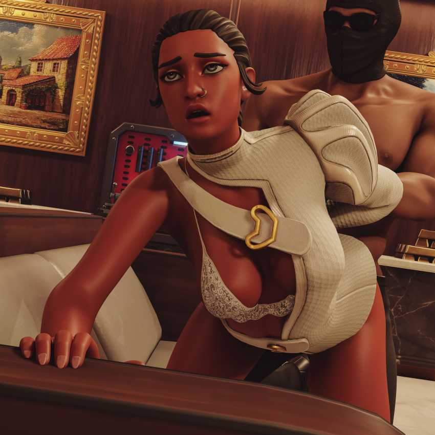 1boy 1girls 3d 3d_(artwork) big_breasts clothed_sex dark-skinned_female dark_skin doggy_style fortnite interracial leaning_on_bed macklesternsfw nisha_(fortnite) open_mouth orgasm orgasm_face pleasure_face white_bra