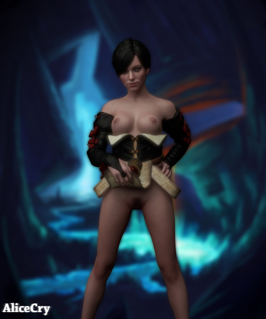 1girls 3d alicecry areolae black_hair breasts cd_projekt_red female female_only fringilla_vigo looking_at_viewer nipples partially_clothed pubic_hair solo standing the_witcher_(series) the_witcher_3:_wild_hunt yellow_eyes