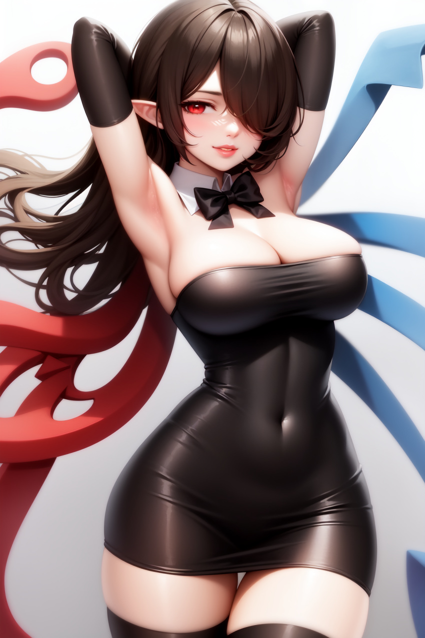 ai_generated armpits arms_up asymmetrical_wings black_bow black_bowtie black_dress black_gloves black_hair black_thighhighs blue_wings bow bowtie breasts cleavage covered_navel detached_collar dress elbow_gloves female gloves hair_over_one_eye highres houjuu_nue large_breasts long_hair lora pointy_ears red_eyes red_wings self-upload solo solo_focus thighhighs touhou wings wombat9043