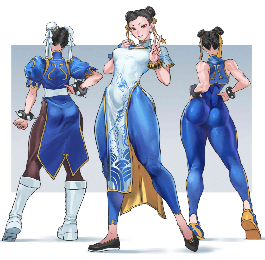 1girls absurdres ass bare_shoulders boots bracelet breasts bun_cover capcom china_dress chinese_clothes chun-li clenched_hand commentary cropped_vest double_bun dress earrings female flats from_behind full_body hair_bun hair_ornament hand_on_own_hip hands_on_own_hips hands_up highres jewelry juaagacgy knee_boots looking_at_viewer medium_breasts multiple_views nonude pants pantyhose parted_lips pelvic_curtain puffy_short_sleeves puffy_sleeves shoes short_sleeves skin_tight sleeveless smile sneakers spiked_bracelet spikes standing street_fighter street_fighter_6 street_fighter_alpha street_fighter_ii tight_pants turtleneck unitard v vest white_footwear yoga_pants