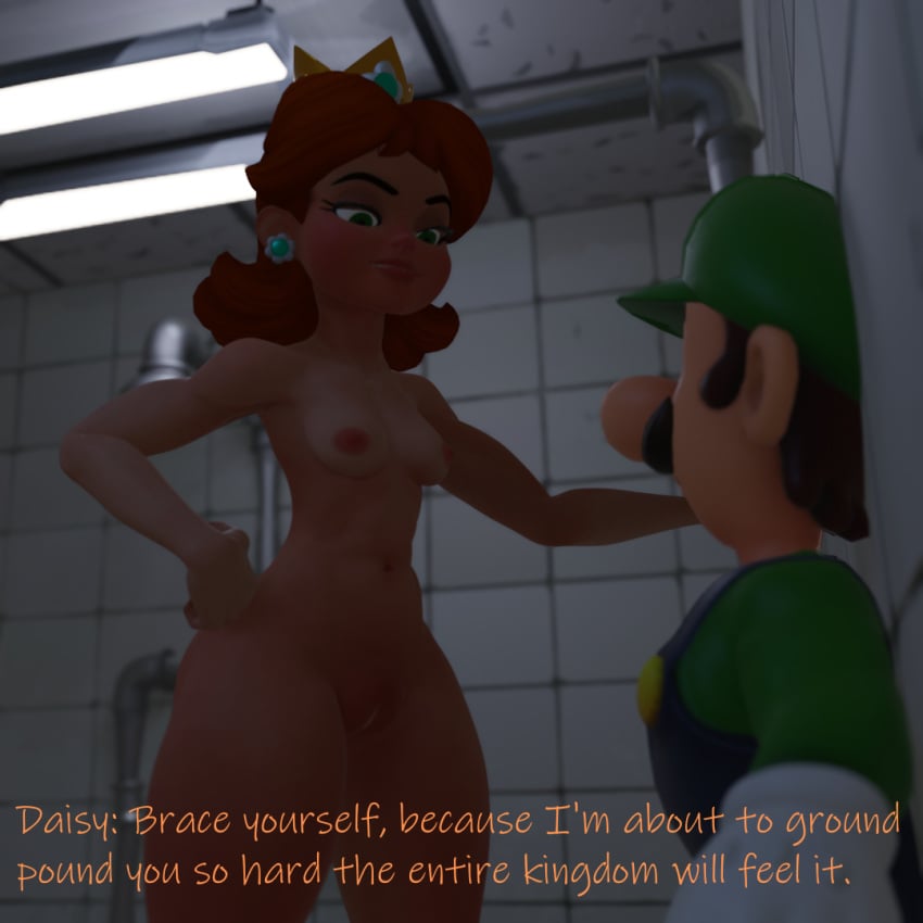 1boy 1girls blender brown_hair clothed clothed_male_nude_female clothing crown dominant_female earrings english_text female luigi male mario_(series) naked nude pinned_to_wall princess_daisy shower simple_smut standing taller_girl text