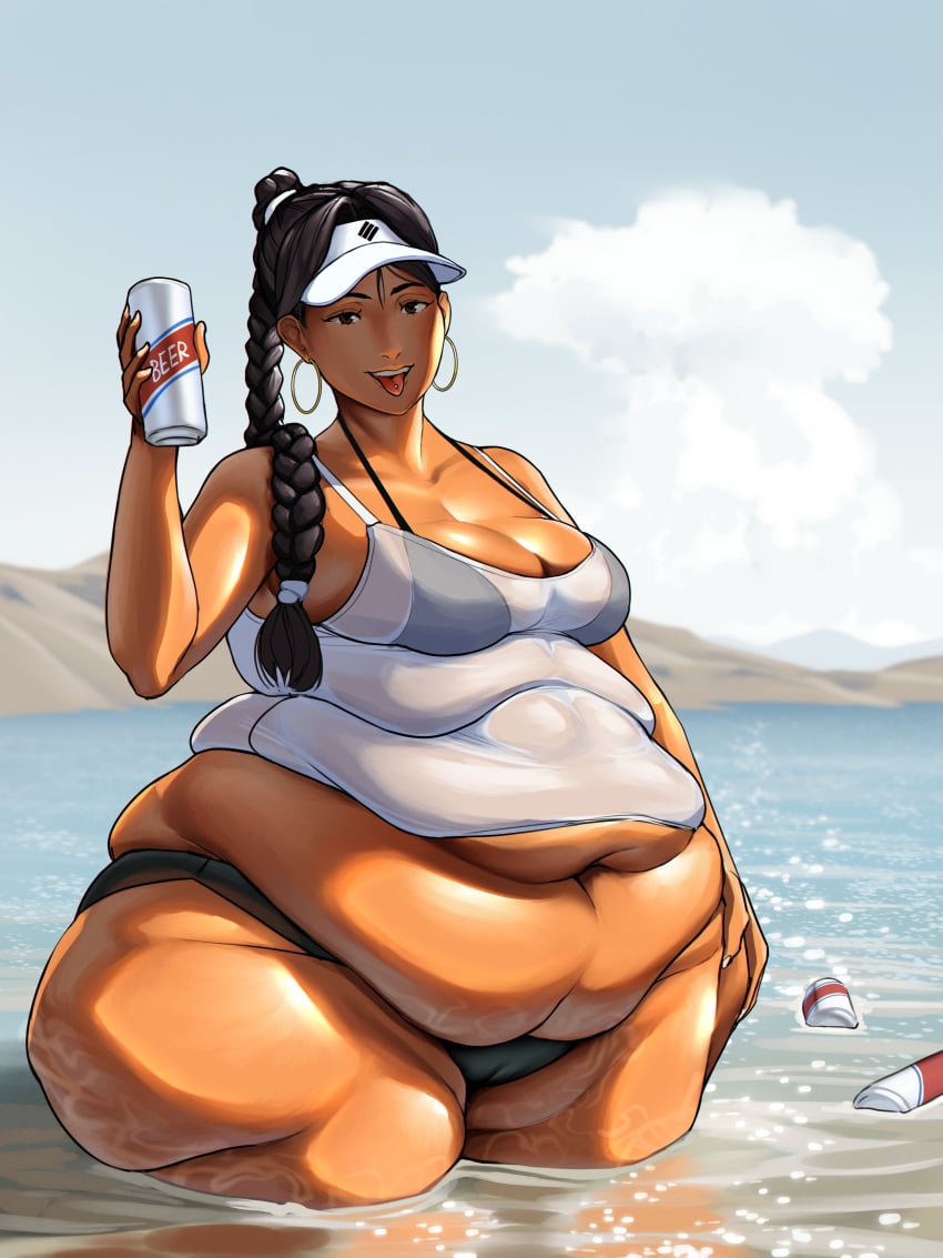 1girls bamboo_ale bbw beer_can belly fat_rolls huge_belly huge_thighs kiari_(yeoubul) lake obese thighs tongue_out yeoubul