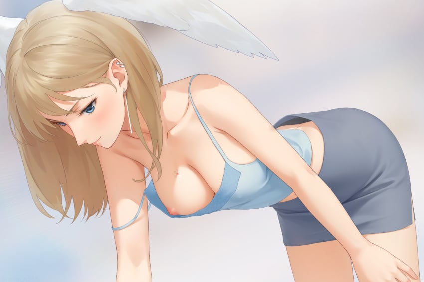 bent_over blue_eyes breast_tattoo breasts brown_hair camisole clothing clothing_malfunction down_blouse ear_piercing eunie_(xenoblade) female female_only head_wings highres medium_hair miniskirt miura-n315 nipple nipple_slip nipples no_bra one_breast_out skirt solo strap_slip straps tattoo white_wings wings xenoblade_chronicles_(series) xenoblade_chronicles_3