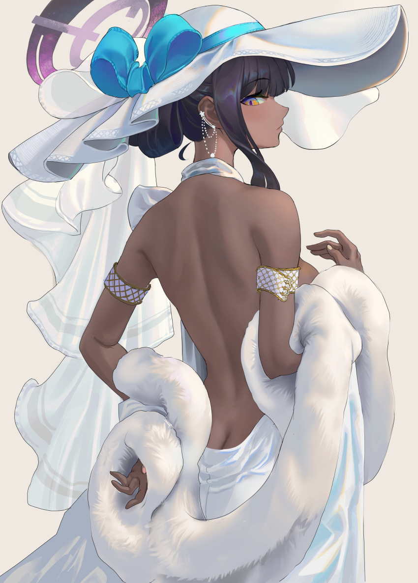 1girls ass_cleavage b-pang backless black_hair blue_archive butt_crack cleaning_&_clearing_(blue_archive) dark-skinned_female dark_skin elegant elegant_dress female hi_res karin_(blue_archive) millennium_science_school_student