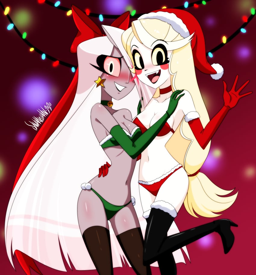 2020 2girls artist_name artist_signature black_thighhighs blonde_hair blush blushing_at_viewer blushing_profusely bra canon_couple charlie_morningstar_(hazbin_hotel) christmas christmas_clothing christmas_outfit curvy curvy_body curvy_female curvy_figure danmakuman demon_girl deviantart deviantart_link duo elbow_gloves green_gloves green_panties grey_body grey_skin happy happy_female hazbin_hotel legwear long_hair looking_at_viewer one_leg_up open_mouth pale-skinned_female panties red_gloves red_panties slim_waist smiling_at_viewer star_earrings strapless_bra vaggie_(hazbin_hotel) very_long_hair vivienne_medrano white_hair yuri