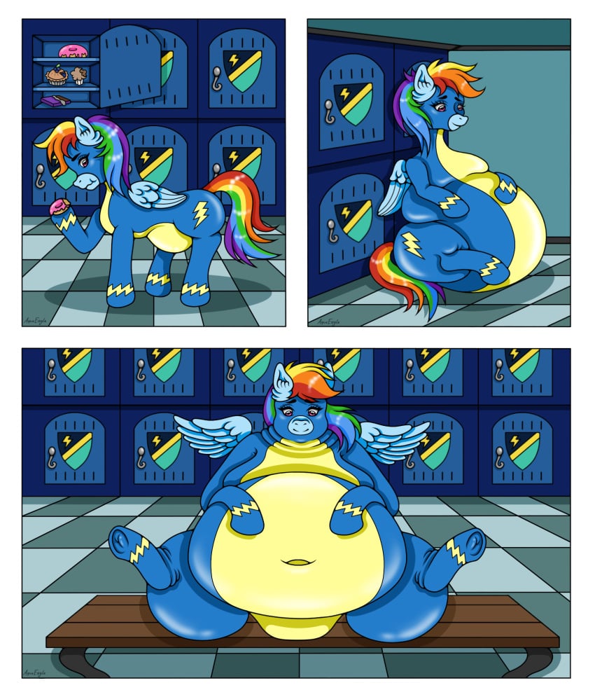 1girl 1girls 3_panel_comic 3_panels 3girls aquaeagle background belly belly_bulge belly_button belly_expansion belly_inflation belly_overhang bench big_ass blue_body blue_fur bodysuit chubby chubby_belly chubby_cheeks chubby_female comic comic_page comic_panel eating expanded_belly expansion expansion_sequence fat fat_ass fat_inflation fatty feedee feederism feeding female female_focus female_only food_fetish growing hoof hooves immobile immobilization immobilized inflated_belly inflation inflation_fetish legs_spread locker locker_bench locker_room my_little_pony overhanging_belly overweight overweight_female part_2 part_of_a_set part_of_comic pegasus pink_eyes rainbow_dash_(mlp) rainbow_hair self_upload skin_tight skin_tight_outfit skin_tight_suit solo solo_female solo_focus three_panels tight_clothing tiled_floor too_big too_big_for_clothing too_big_to_move transformation transformation_sequence transformation_through_food weight_gain window wings wonderbolts wonderbolts_(mlp) wonderbolts_uniform