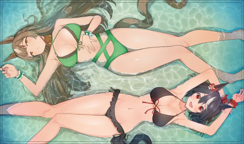 2girls absurd_res absurdres adult amepa_(ame_pinecandy) animal_ears armpits arms_above_head arms_up bare_arms bare_chest bare_legs bare_midriff bare_shoulders bare_skin bare_thighs barefoot belly belly_button bikini black_bikini black_bikini_bottom black_bikini_top black_hair black_hair_female black_swimsuit black_swimwear blush breasts brown_eyes brown_eyes_female brown_hair brown_hair_female caustics cleavage collarbone dot_nose elbows female female_focus female_only fingers full_body green_bikini green_bikini_bottom green_bikini_top green_swimsuit green_swimwear groin hair hair_between_eyes hair_ornament hand_on_belly hand_on_stomach hands_above_head hands_up high_resolution highres hourglass_figure kitasan_black_(umamusume) knees large_breasts laying_down laying_on_back legs legs_together_feet_apart light-skinned_female light_skin long_hair looking_at_viewer medium_breasts midriff multiple_girls naked naked_female navel necklace nude nude_female open_mouth parted_bangs partially_submerged red_eyes red_eyes_female satono_diamond_(umamusume) short_hair shoulders simple_background slender_body slender_waist slim_girl slim_waist smile smiling swimsuit swimwear thick_thighs thighs thin_waist umamusume v-line very_long_hair water waves wet wet_bikini wet_body wet_hair wet_skin wet_swimsuit wet_swimwear wide_hips