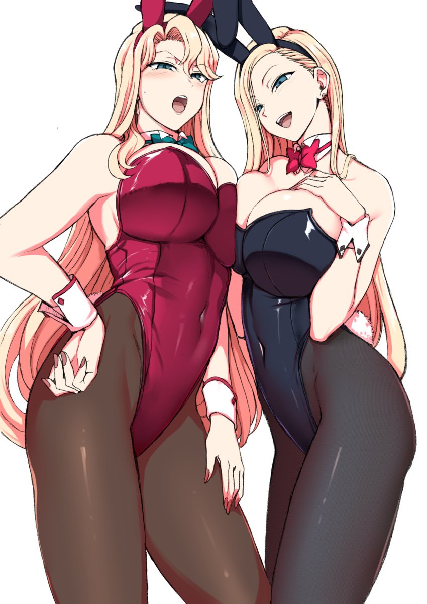 2girls adult aiue_oka animal_ears aqua_bow aqua_bowtie aqua_eyes bare_shoulders black_leotard black_pantyhose blonde_hair blush bow bowtie breast_press breasts brown_pantyhose cleavage covered_navel detached_collar drop_earrings earrings fake_animal_ears fake_tail hand_on_own_chest hand_on_own_hip highres huge_breasts jewelry kurashiki_reika kurashiki_reina leotard long_hair looking_at_viewer mature_female milf mother_and_daughter multiple_girls nail_polish older_female open_mouth pantyhose playboy_bunny rabbit_ears rabbit_tail red_bow red_bowtie red_leotard saimin_seishidou smile sweatdrop symmetrical_docking tail teenager teeth thighs traditional_bowtie upper_teeth_only very_long_hair white_background wrist_cuffs younger_female