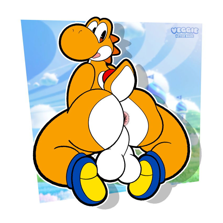 absurd_res anthro anus ass backsack balls big_balls big_butt clothing dinosaur footwear footwear_only genitals hi_res kneeling looking_back male male_only mario_(series) mostly_nude nintendo open_mouth orange_body orange_scales orange_yoshi pac-man_eyes pink_anus raised_tail reptile scales scalie shoes shoes_only solo super_mario_bros._wonder tail thick_thighs veggieafterdark white_body white_scales wide_hips yoshi yoshi_(character)