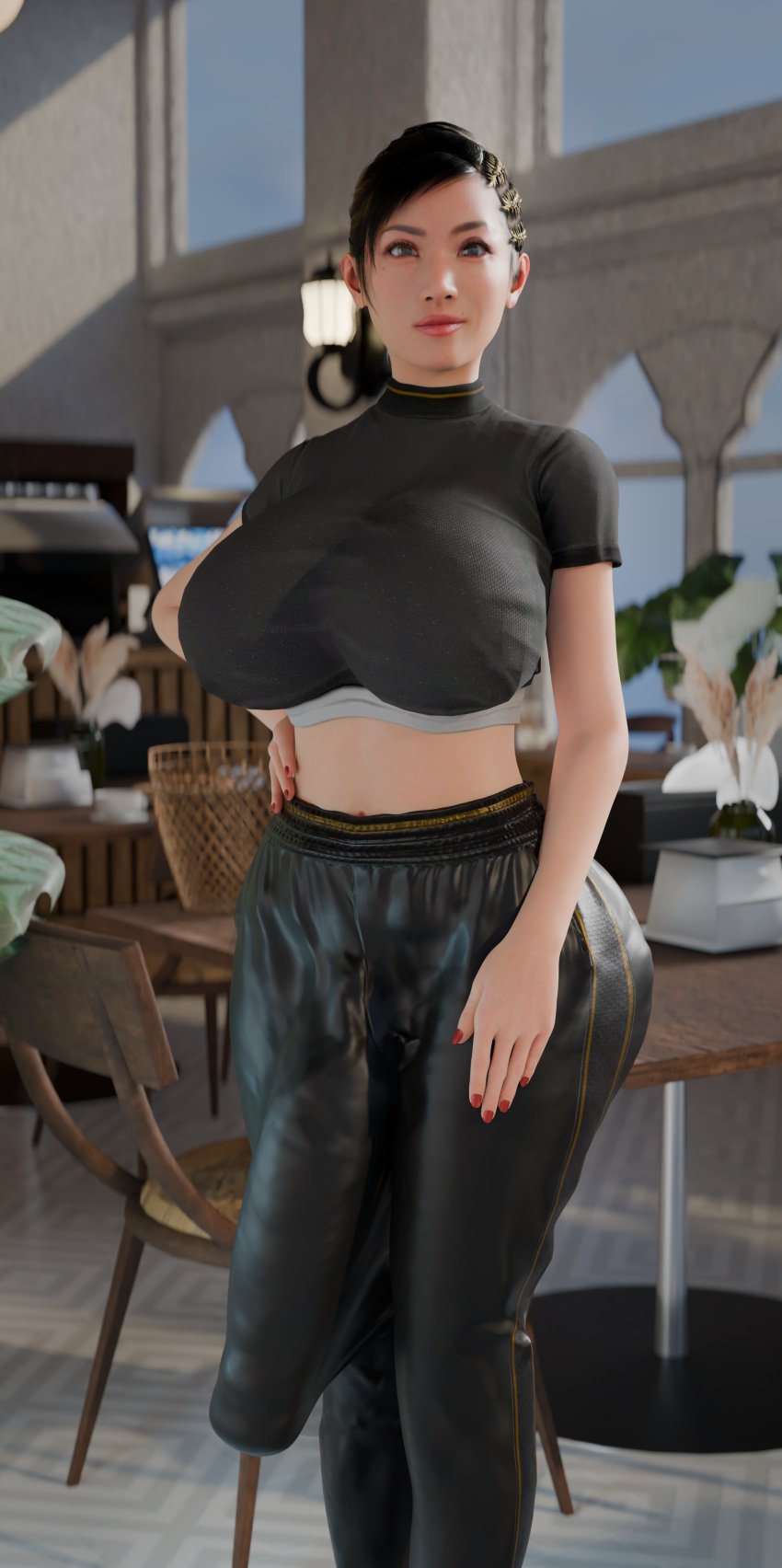 3d belly_exposed big_breasts big_butt black_hair brown_eyes bulge bulge_through_clothing chitose_fujinomiya cropped_shirt futa_only futanari giant_penis looking_at_viewer manufatura pale-skinned_futanari pants posing ryuu_ga_gotoku self_upload short_hair smile tagme