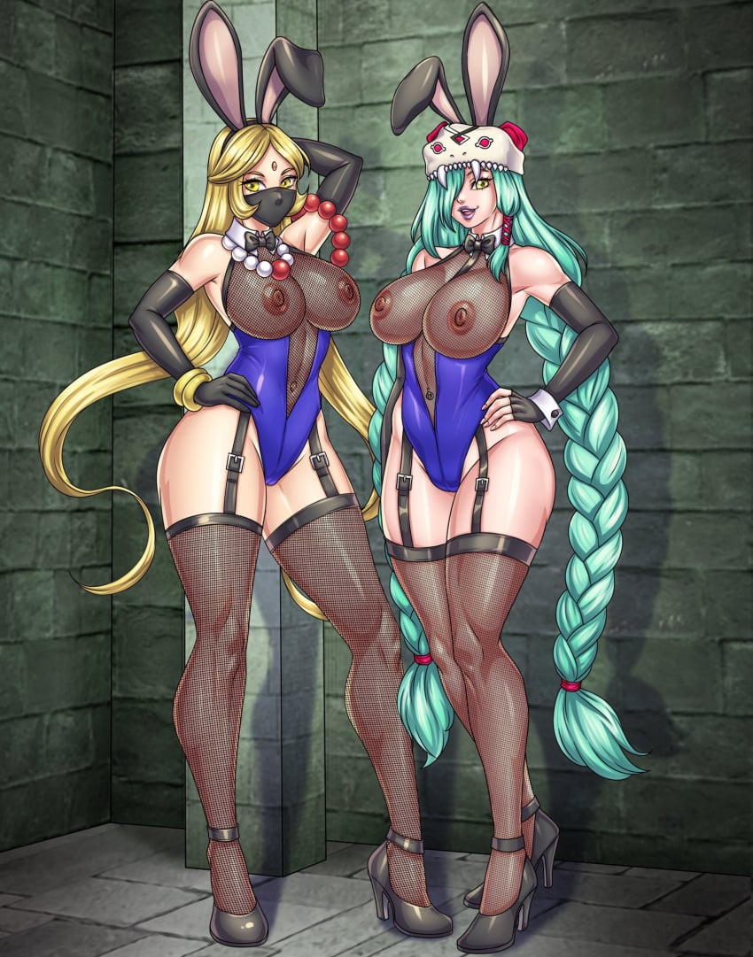 2d 2girls alternate_costume bead_necklace blonde_hair breasts bunny_ears digimon digital_media expectant facemask fake_animal_ears fishnets forehead_jewel garterbelt green_hair hand_on_hip high_heels hourglass_figure large_breasts large_hips lavionartz lipstick long_hair looking_at_viewer mervamon multiple_girls navel_piercing necklace necktie necktie_between_breasts posing sanzomon see-through shapely thighhighs twin_braids yellow_eyes