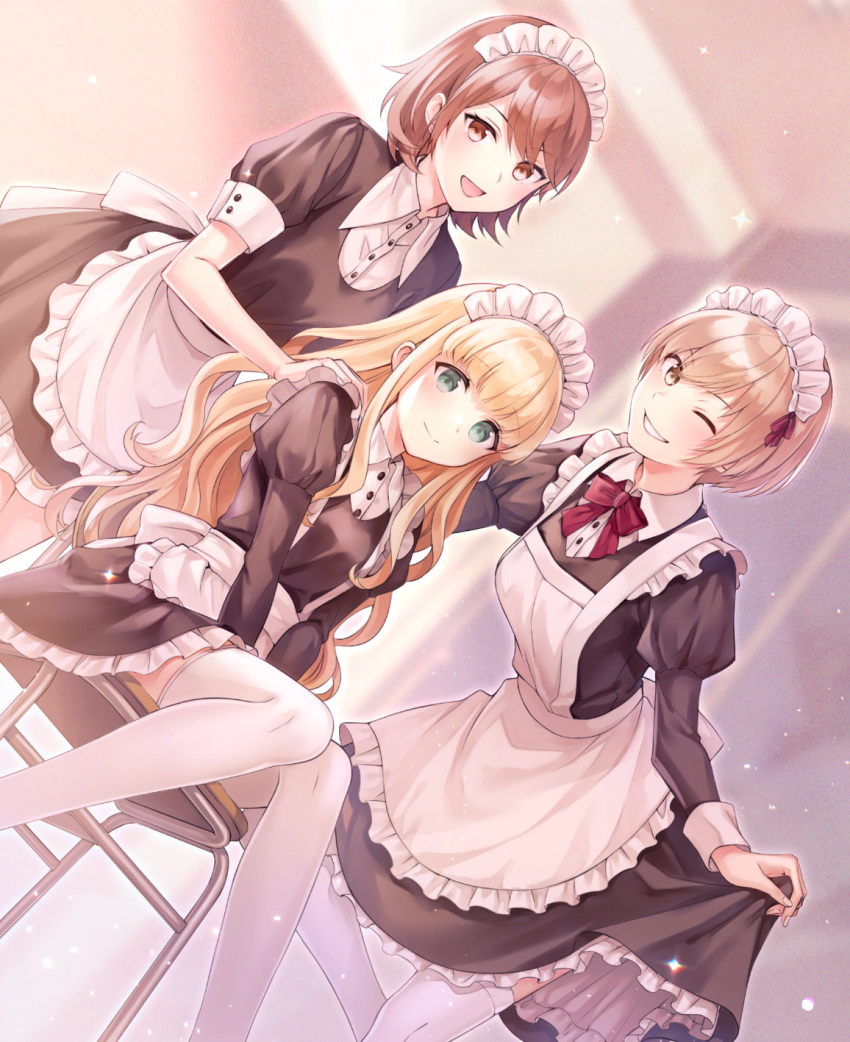 3girls apron black_dress blonde_hair breasts brown_eyes brown_hair collared_shirt dress e_(eokiba) green_eyes grin juliet_sleeves long_hair long_sleeves looking_at_viewer maid maid_apron maid_headdress maid_outfit medium_breasts multiple_girls one_eye_closed open_mouth persona persona_3 persona_4 persona_q puffy_short_sleeves puffy_sleeves rei_(persona) satonaka_chie shirt short_hair short_sleeves sidelocks sitting sitting_on_chair small_breasts smile thighhighs waist_apron wavy_hair white_thighhighs yukari_takeba