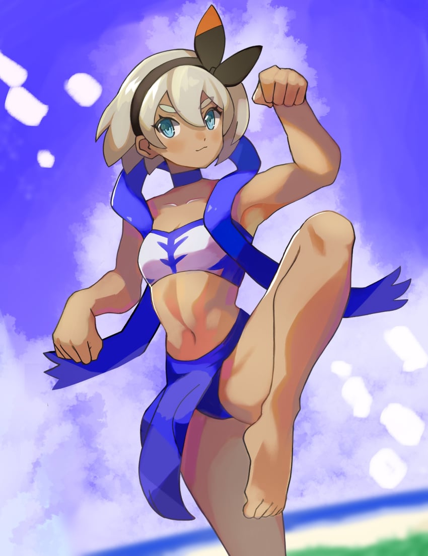 1girls bandeau bea_(pokemon) blue_eyes blue_panties breasts choker clouds cosplay female grey_hair hairband katwo looking_at_viewer midriff navel nintendo outside panties pelvic_curtain pokemon pokemon_ss posing short_hair sky small_breasts solo thighs urshifu urshifu_(cosplay) white_bandeau