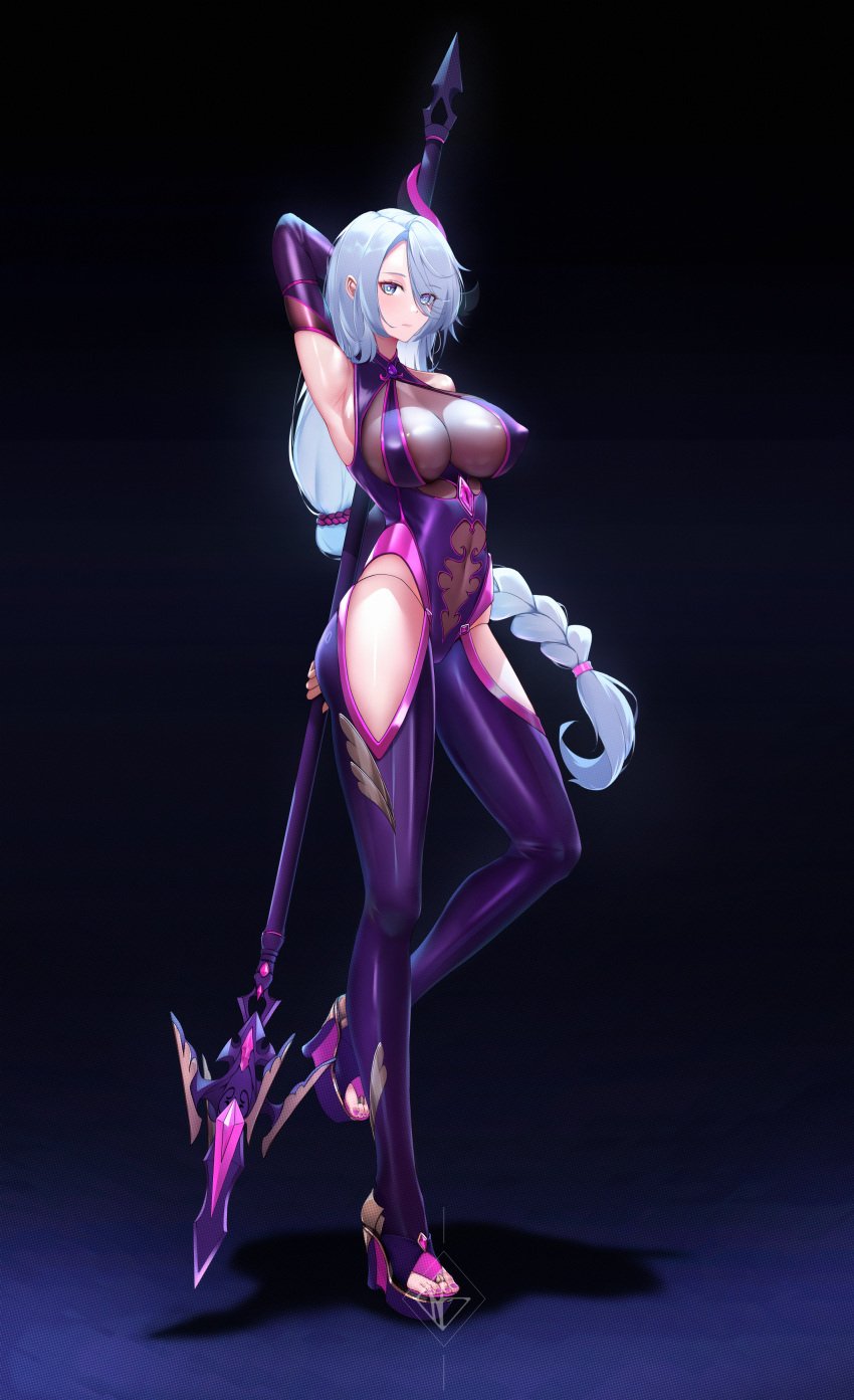 absurdres alternate_costume armpits arms_behind_head black_background blue_eyes blue_hair bodysuit braid breasts corruption covered_erect_nipples detached_sleeves eyes_visible_through_hair female full_body genshin_impact high_heels highres holding holding_polearm holding_weapon impossible_bodysuit impossible_clothes large_breasts long_hair nail_polish pink_nails polearm purple_bodysuit see-through shenhe_(genshin_impact) simple_background single_braid sky_wbo solo solo_female standing tachi-e toeless_footwear toenail_polish toenails very_long_hair weapon