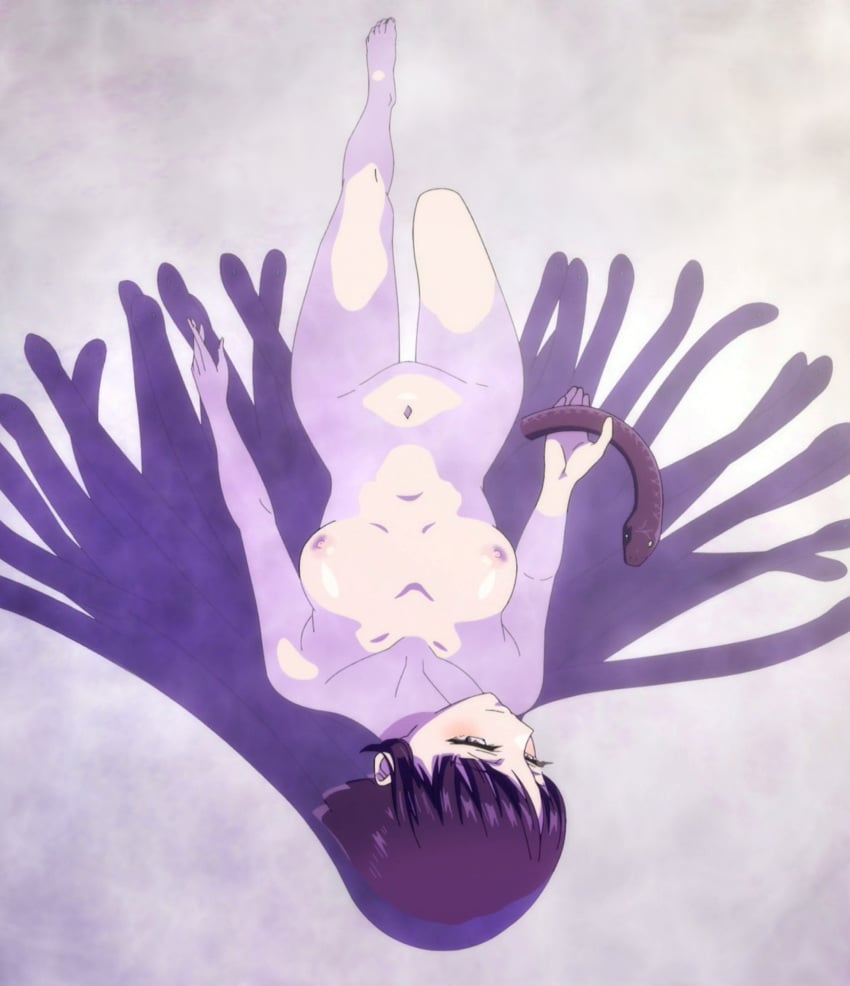 breasts collarbone completely_nude feet female floating highres long_hair mato_seihei_no_slave medium_breasts navel nipples nude partially_visible_vulva purple_hair red_eyes screencap shikoku_(mato_seihei_no_slave) sidelocks snake_hair stitched stomach thighs third-party_edit water