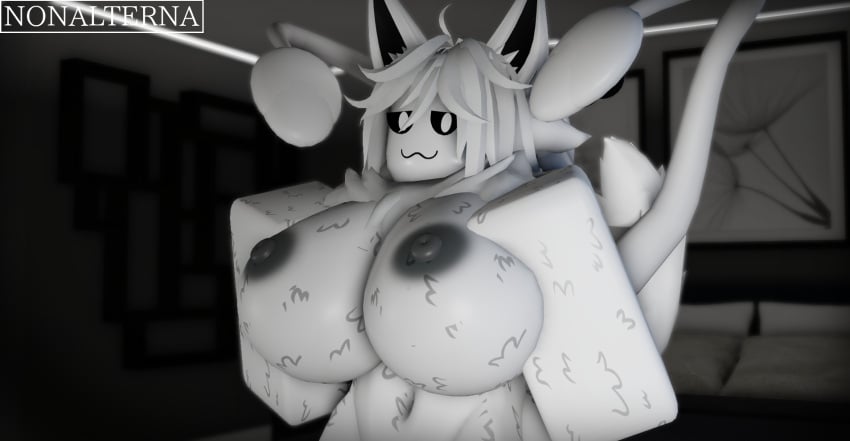 3d :3 abdomen anthro areolae bedroom big_breasts big_ears black_eyes changed_(video_game) detailed_background furry genderswap_(mtf) hands_on_breasts head_tilt large_breasts large_ears large_nipples latex_creature long_hair looking_at_viewer nipples nonalterna roblox robloxian rule_63 self_upload smug smug_face solo_female squid_dog_(changed) tilted_head wagging_tail white_fur