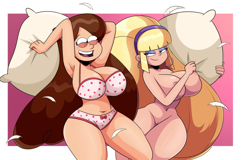 2girls aged_up art_edit big_breasts blonde_hair bra breasts brown_hair cleavage earrings eyebrows eyeshadow female female_only gravity_falls large_breasts light-skinned_female light_skin mabel_pines multiple_girls naked naked_female navel nipples nude nude_female pacifica_northwest panties pillow pillow_fight pussy sonson-sensei thick_thighs thighs underwear wafflebroz_edits