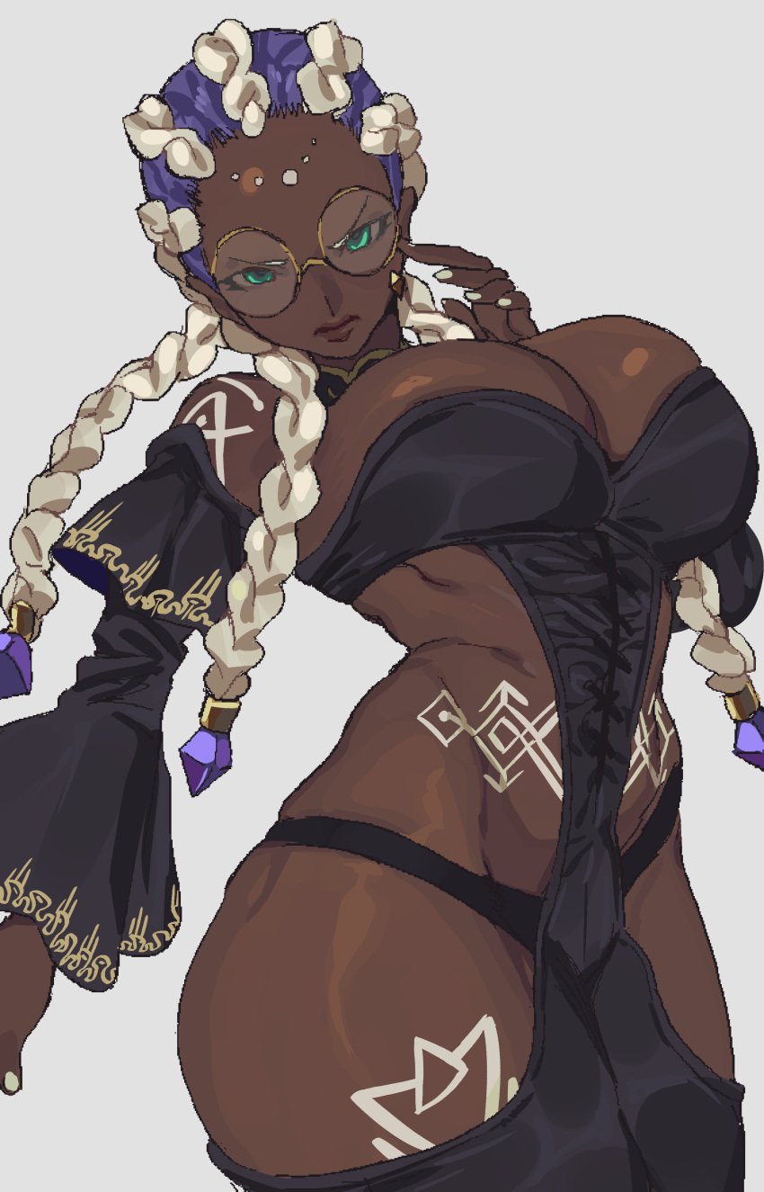 1girls braid braided_hair braided_twintails braids dark-skinned_female dark_skin dolores_(kof) female glasses green_eyes king_of_fighters king_of_fighters_xv revealing_clothes round_glasses staring_at_viewer tattoo white_hair whoopsatro