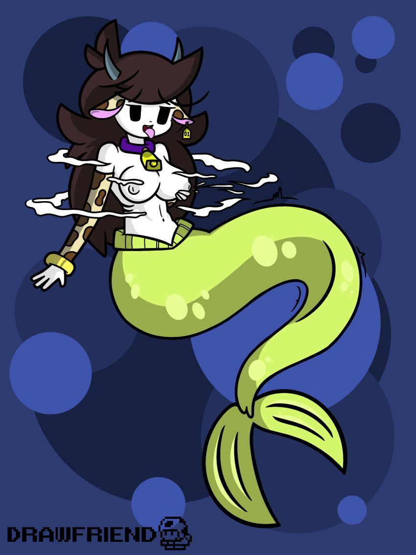 breasts brown_hair cow_bell cow_bell_collar cow_ears cow_girl cow_print drawfriend female jaiden jaiden_animations lactating lactation looking_pleasured mercow mermaid milk milking squeezing_breast topless underwater white_skin