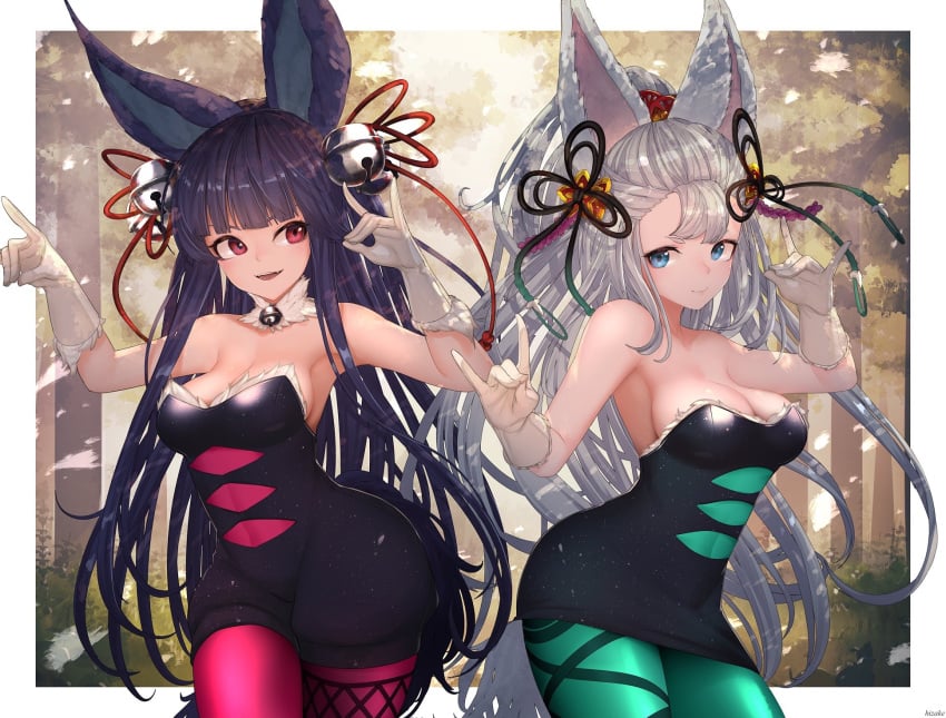 2girls armpits bare_shoulders big_breasts breasts callie_(splatoon) cat_bell cat_ears cleavage cosplay fully_clothed granblue_fantasy hizake kashu_(hizake) leggings marie_(splatoon) nintendo smooth_skin socie_(granblue_fantasy) splatoon splatoon_2 squid_sisters symmetrical_docking yuel_(granblue_fantasy)