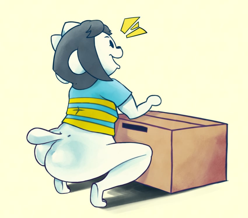 anthro ass bottomless box butt_focus clothed clothing crouching female fur grey_hair hair happy hi_res pattern_clothing pattern_shirt pattern_topwear shirt solo striped_clothing striped_shirt striped_topwear stripes tail teapot_(body_type) tem temmie_(deltarune) temmie_(undertale) thael topwear undertale undertale_(series) white_body white_fur wide_hips