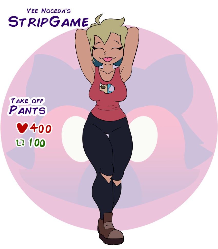 armpits arms_up big_breasts blonde_hair closed_eyes dark_skin disney evil_raccoon smile strip_game text the_owl_house thick_thighs tongue tongue_out vee_(the_owl_house) vee_(the_owl_house)_(human)