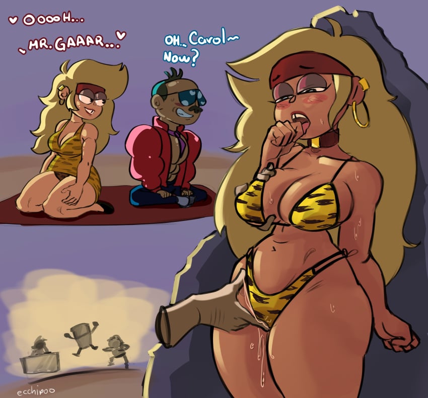 1boy 1girls big_breasts bikini blonde_hair blush blush_stickers breasts carol_kincaid cartoon_network dark-skinned_female dark_skin dress ecchipoo english_text eyelashes female human light-skinned_male light_skin lipstick long_hair makeup male mature mature_female milf mother mr._gar naughty_face ok_k.o.!_let's_be_heroes pleasure_face pussy_juice red_lipstick sweat thick_thighs thin_waist tube_dress