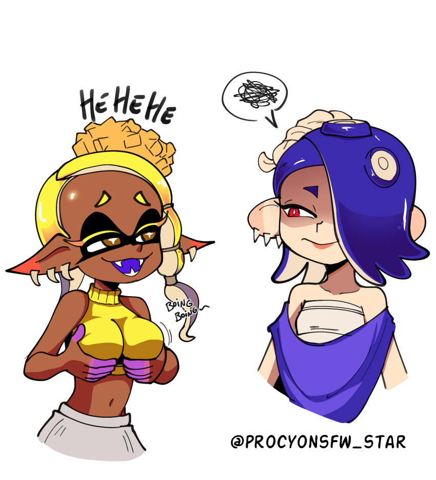 big_breasts blue_hair duo duo_female frye_(splatoon) inkling inkling_girl nintendo nintendo_switch octoling octoling_girl procyon't shiver_(splatoon) smile splatoon splatoon_(series) splatoon_3